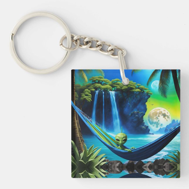 Alien Hammock on Beach Vacation  Key Ring (Front)