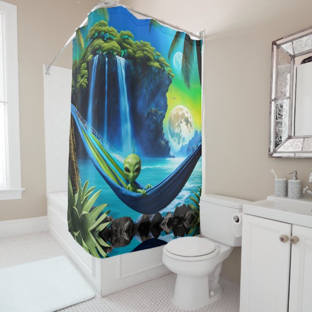 Alien Hammock on Beach Vacation  Shower Curtain (In Situ)