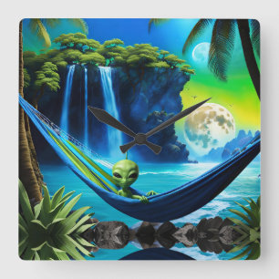 Alien Hammock on Beach Vacation Time Square Wall Clock