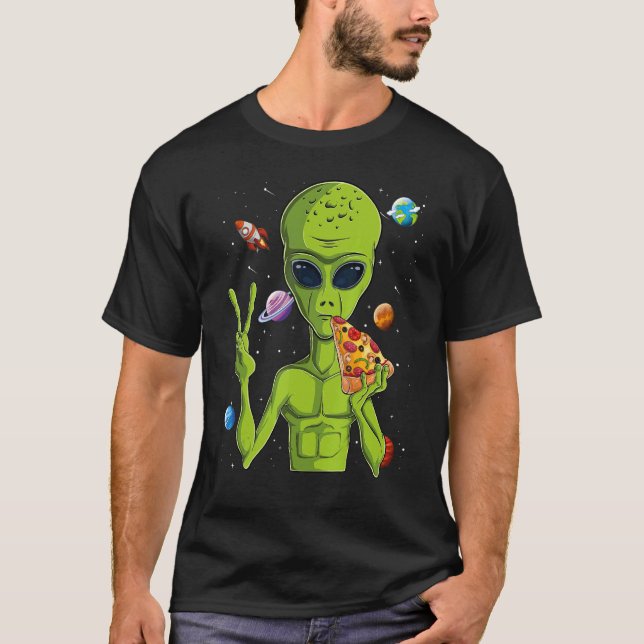 Alien Head Eating Pizza  Ufo Extraterrestrial Men T-Shirt (Front)