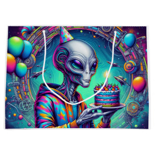 Alien holding Birthday Cake Large Gift Bag