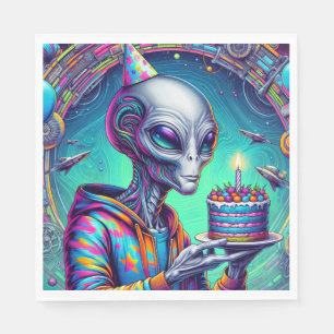 Alien holding Birthday Cake Napkin