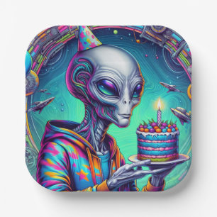 Alien holding Birthday Cake  Paper Plate