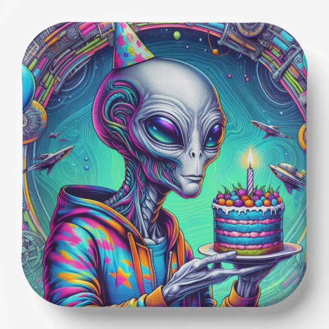 Alien holding Birthday Cake  Paper Plate (Front)