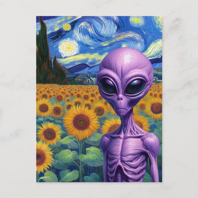 Alien in a Faux Van Gogh Sunflower Field Postcard (Front)