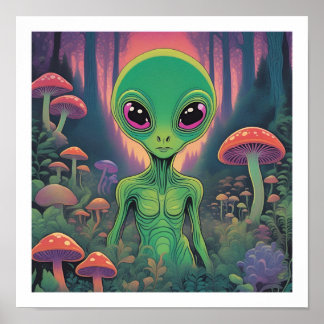 Alien in a Mushroom Forest Poster
