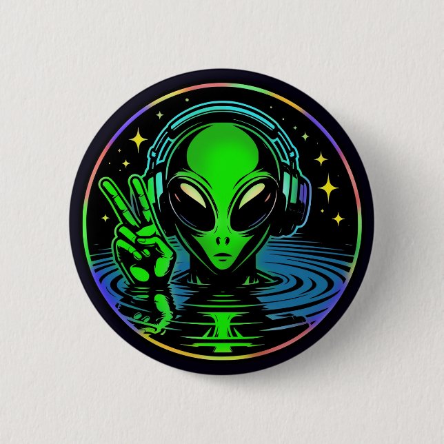 Alien in Headphones giving Peace Sign  6 Cm Round Badge (Front)