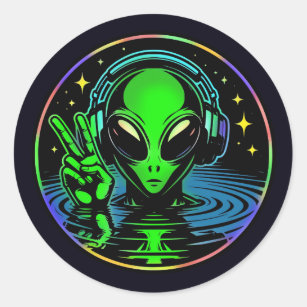 Alien in Headphones giving Peace Sign  Classic Round Sticker