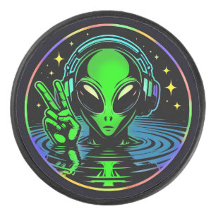 Alien in Headphones giving Peace Sign Hockey Puck