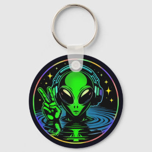 Alien in Headphones giving Peace Sign Personalised Key Ring