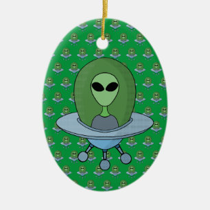 Alien in his little spaceship ceramic tree decoration