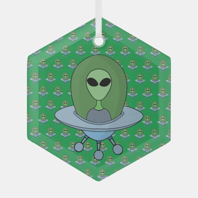 Alien in his little spaceship glass tree decoration (Front)