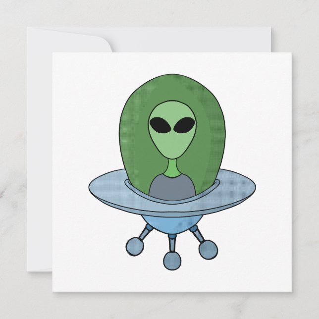 Alien in his little spaceship save the date (Front)