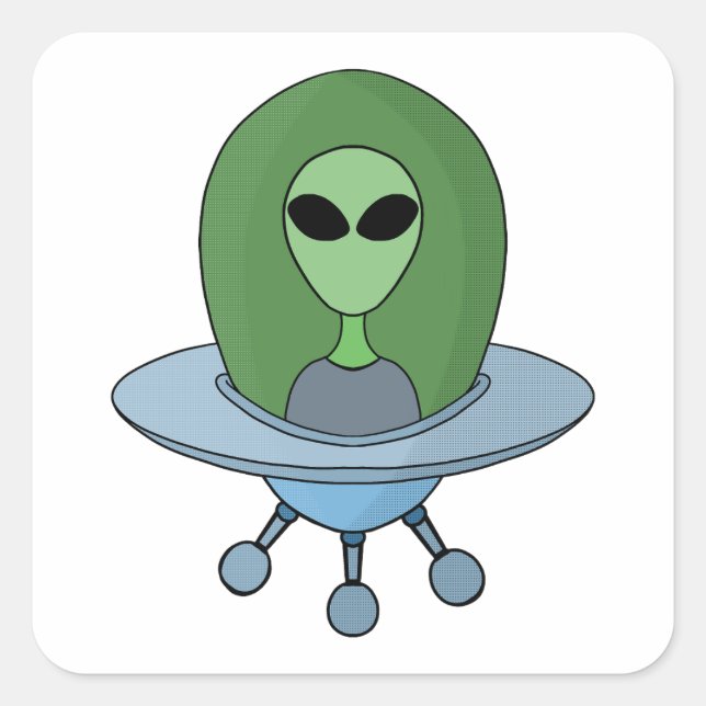 Alien in his little spaceship square sticker (Front)