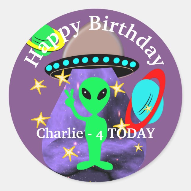 Alien In Outer Space fun Kids Cute Party Classic Round Sticker (Front)