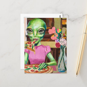 Alien in Pink Eating Pizza with a Flower Vase Postcard