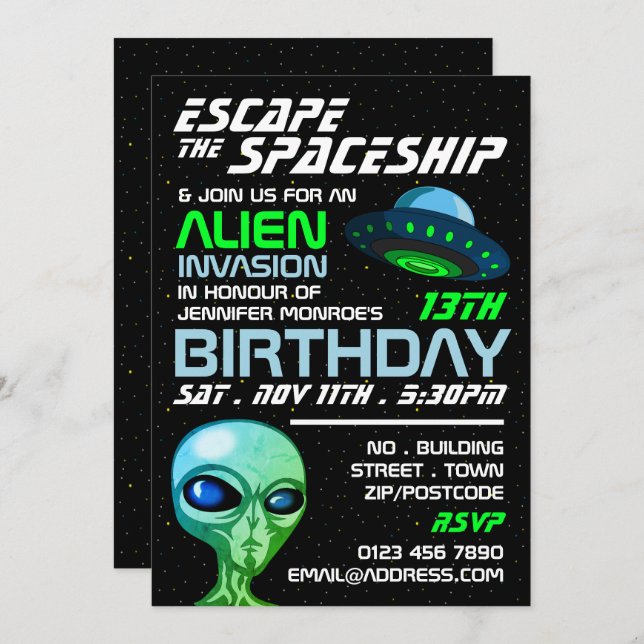 Alien Invasion Theme, Escape Room, Birthday Party Invitation (Front/Back)