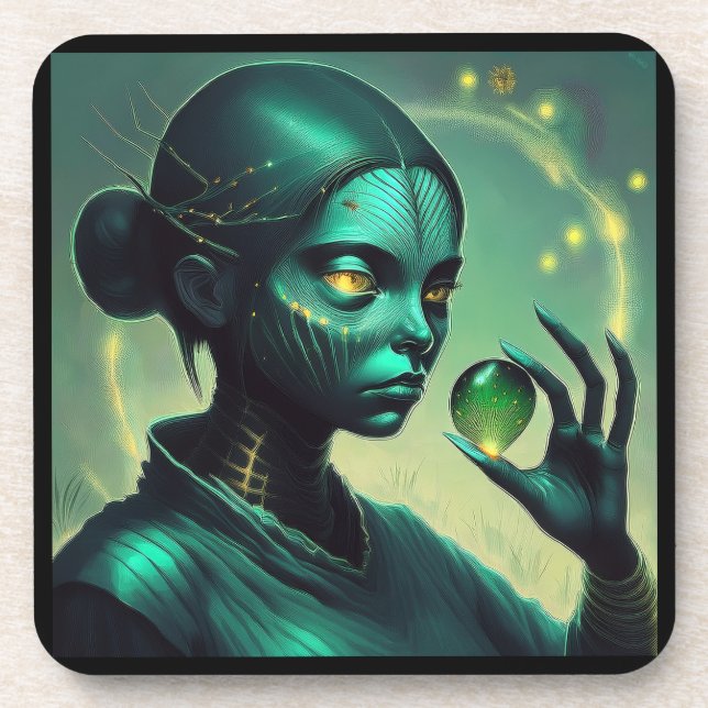 Alien Lady Holds Transparent Glass Object Coaster (Front)