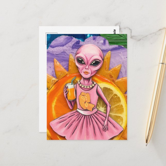 Alien Lady in Pink With Orange Juice Orange Sun Postcard (Front/Back In Situ)