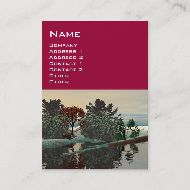 ALIEN LANDSCAPE,TREES LAGOON HYPERION Sci Fi Red Business Card (Front)