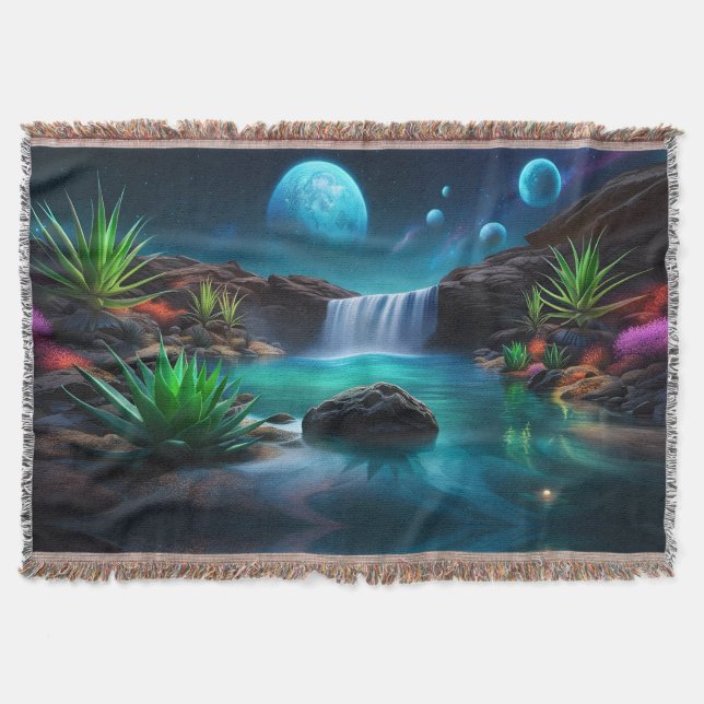 Alien Landscape Waterfall Moons Throw Blanket (Front)