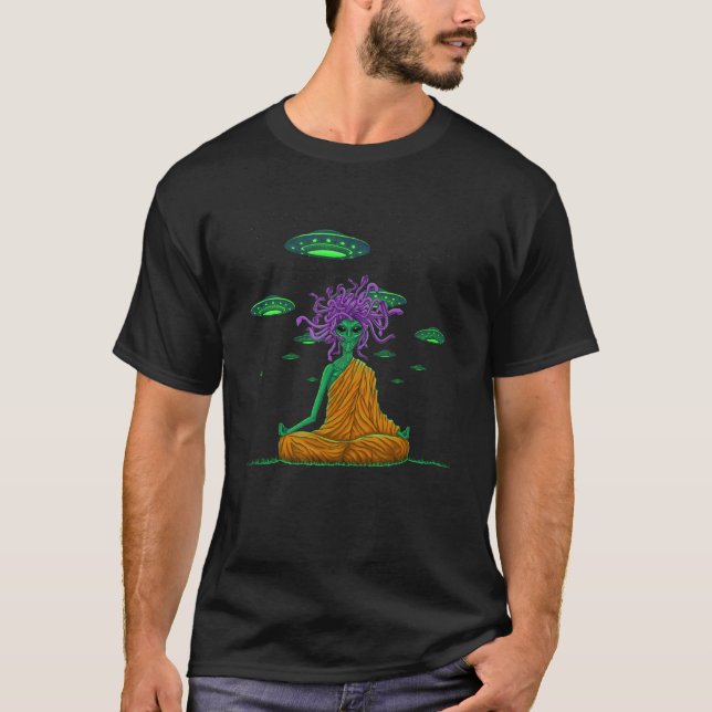 Alien monk with UFO and snakes from a turban T-Shirt (Front)