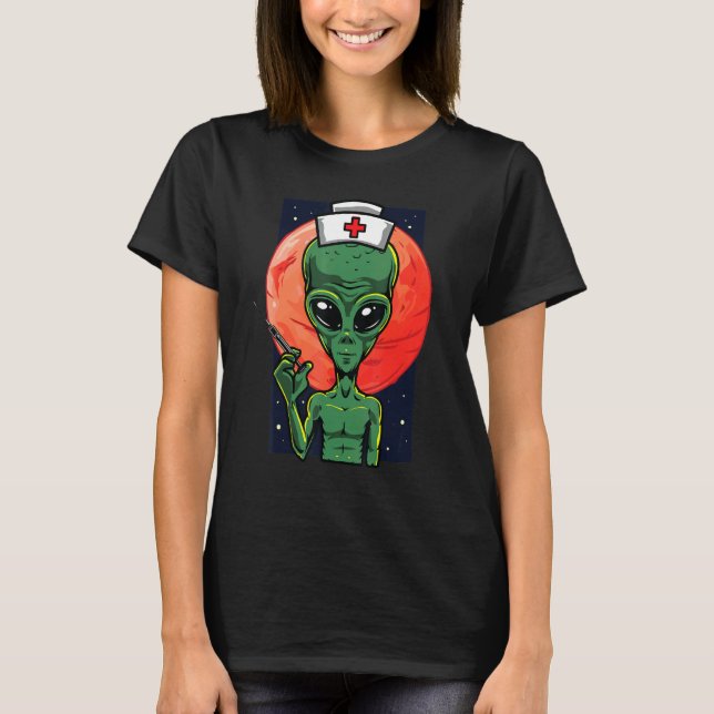 Alien Nurse Holding Needle Syringe T-Shirt (Front)