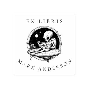Alien on Spaceship Reading Human Books Ex Libris Rubber Stamp