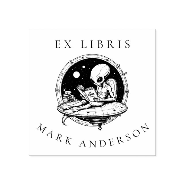 Alien on Spaceship Reading Human Books Ex Libris Rubber Stamp (Imprint)