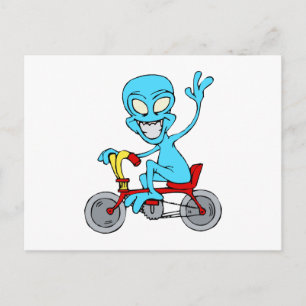 alien on tiny bicycle postcard