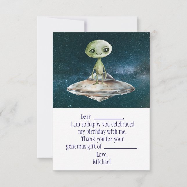 Alien Outer Space Birthday Thank You Card (Front)