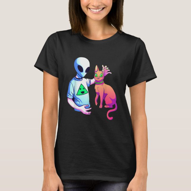Alien Petting A Cat Alien Ufo  Cat Kids Men Women T-Shirt (Front)