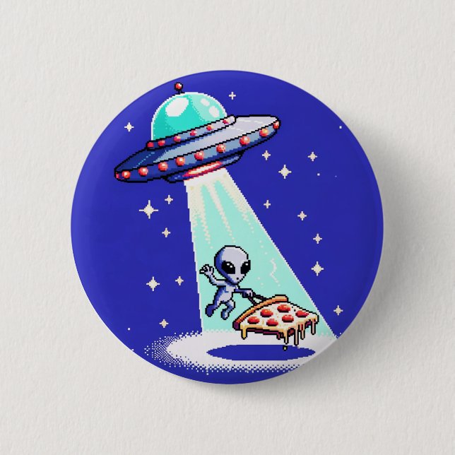 Alien Pizza Abduction - Funny Pixel Art UFO Design 6 Cm Round Badge (Front)