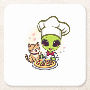 Alien Pizza Chef Cat Cartoon Art Square Paper Coaster