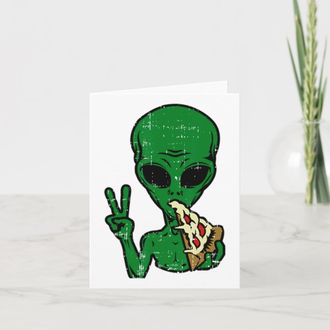 Alien Pizza Eating Peace Fun Space Area-51 Hallowe Card (Front)
