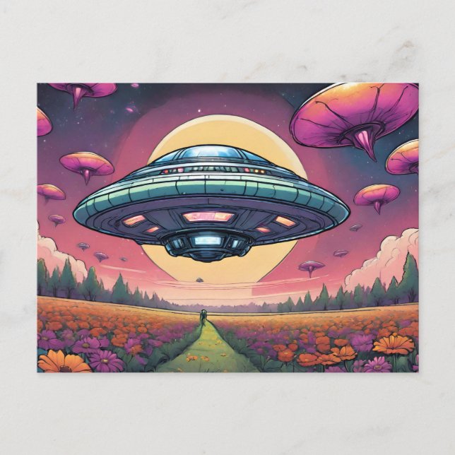 Alien Planet Flying UFO Over Flower Field Postcard (Front)