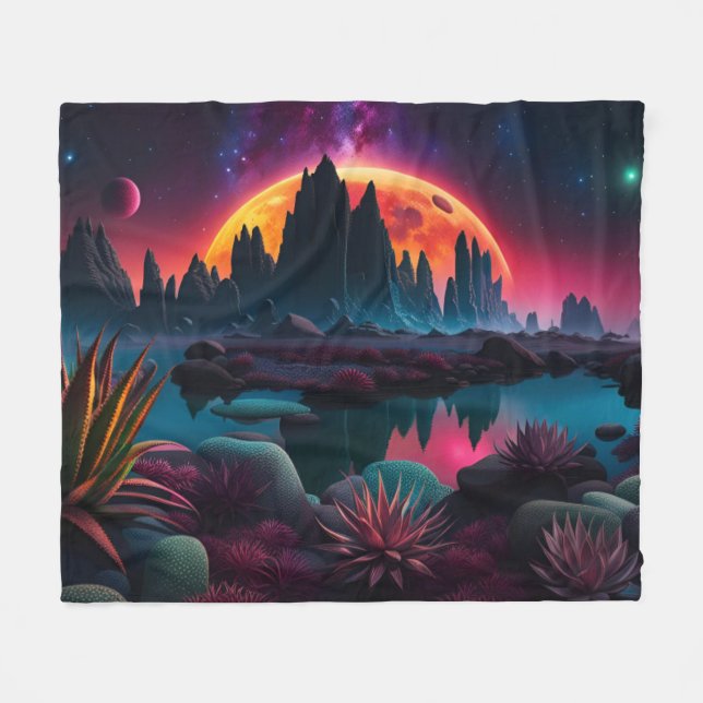  Alien planet Setting Moon Fleece Blanket (Front (Horizontal))