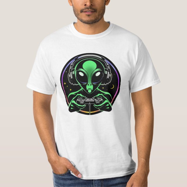 Alien Playing Video Games | Stellar Game Smasher T-Shirt (Front)