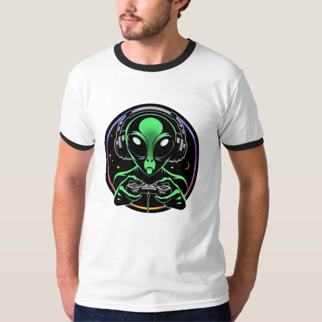 Alien Playing Video Games | Stellar Game Smasher T-Shirt (Front)