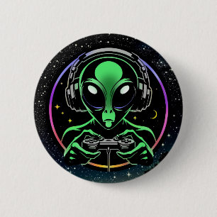 Alien Playing Video Games with Star Background 6 Cm Round Badge