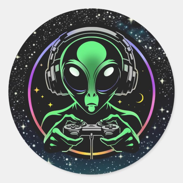 Alien Playing Video Games with Star Background Classic Round Sticker (Front)