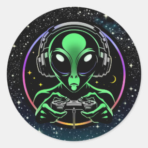 Alien Playing Video Games with Star Background Classic Round Sticker