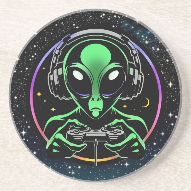 Alien Playing Video Games with Star Background Coaster (Front)