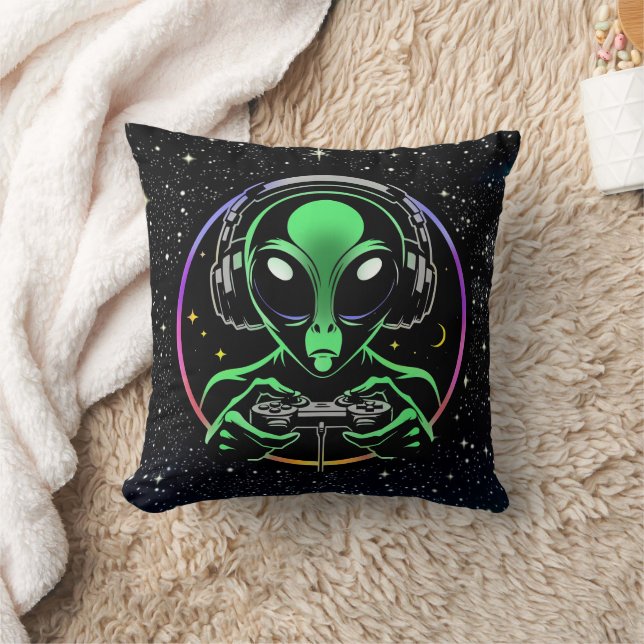 Alien Playing Video Games with Star Background Cushion (Blanket)