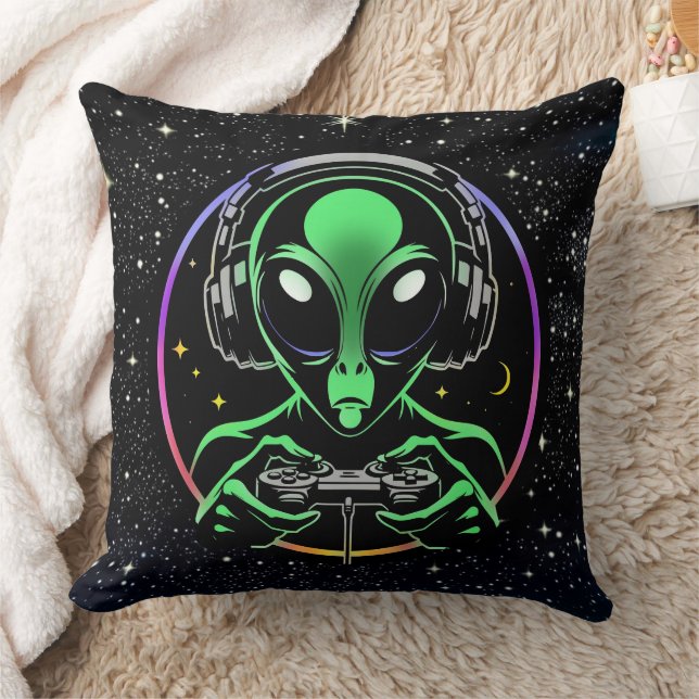 Alien Playing Video Games with Star Background Cushion (Blanket)