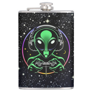 Alien Playing Video Games with Star Background Hip Flask
