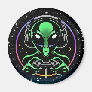 Alien Playing Video Games with Star Background Magnet