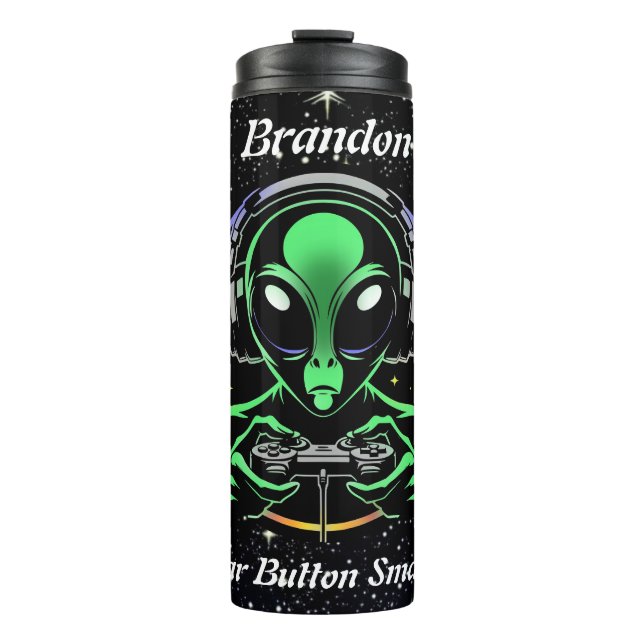Alien Playing Video Games with Star Background Thermal Tumbler (Front)