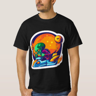 Alien ready to war with spaceship sticker T-Shirt