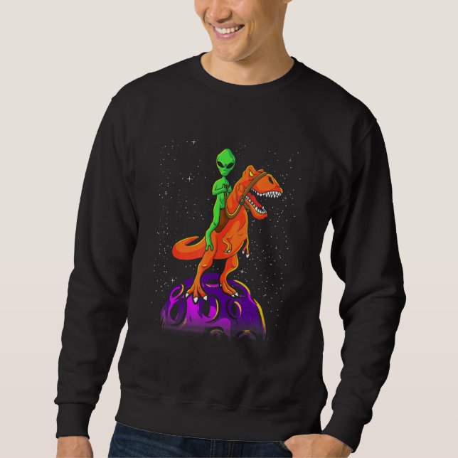 Alien Riding Dinosaur T Rex Kids Boys Outer Space  Sweatshirt (Front)